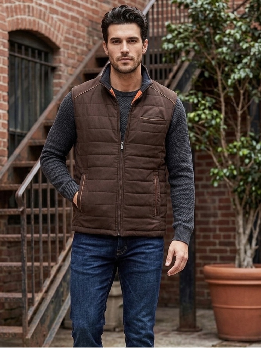 Enzo Tovare. Italy Men’s Dark Brown Quilted Zip Vest Jacket with Orange Lining